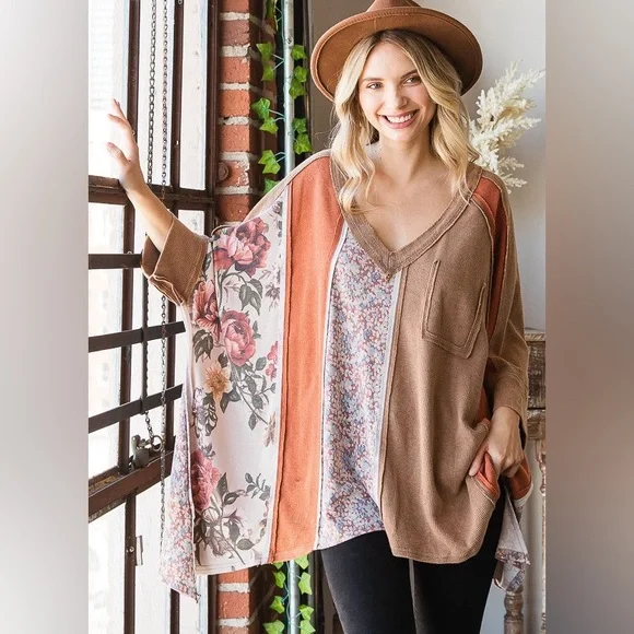 Oli & Hali Floral Boho Patchwork Tunic Top M/L - Mixed Print Oversized V-Neck - Picture 3 of 11